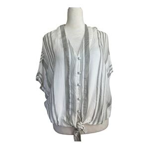 Sim & Sam Gray White Stripe Tie Front Blouse Small Rayon Linen Look Top